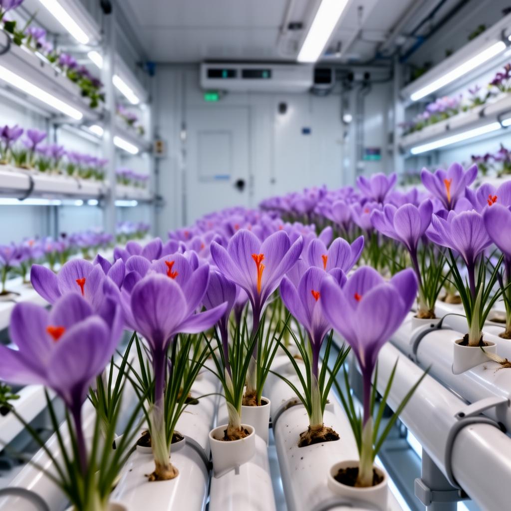 Saffron crocus blooming in aeroponic cold room