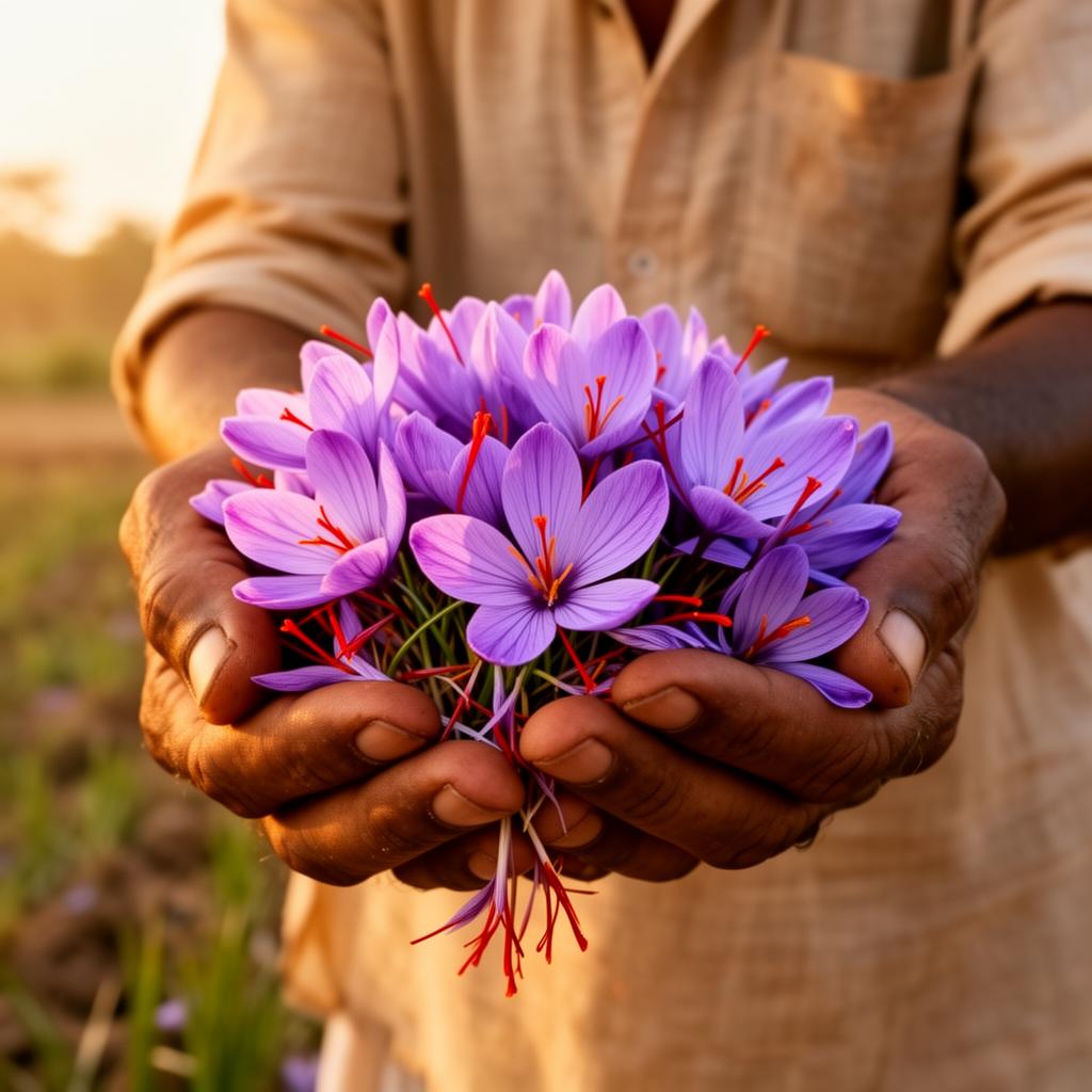 Hands holding freshly harvested saffron flowers